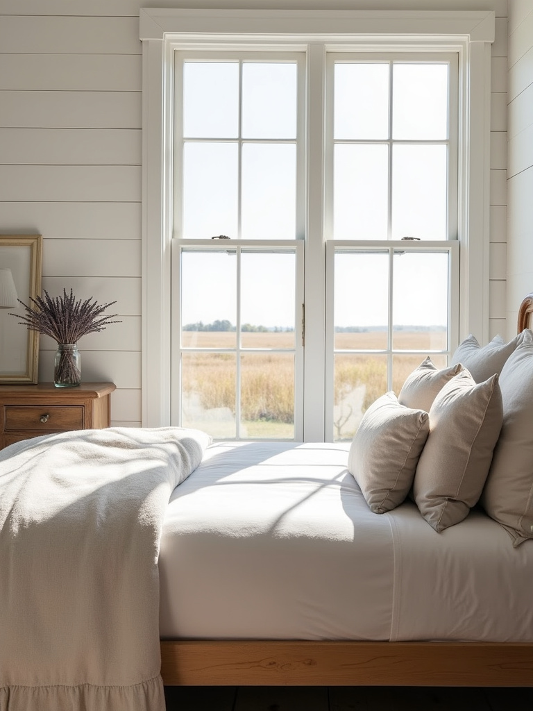 Cozy farmhouse bedroom with shiplap wall, linen bedding, and vintage accents