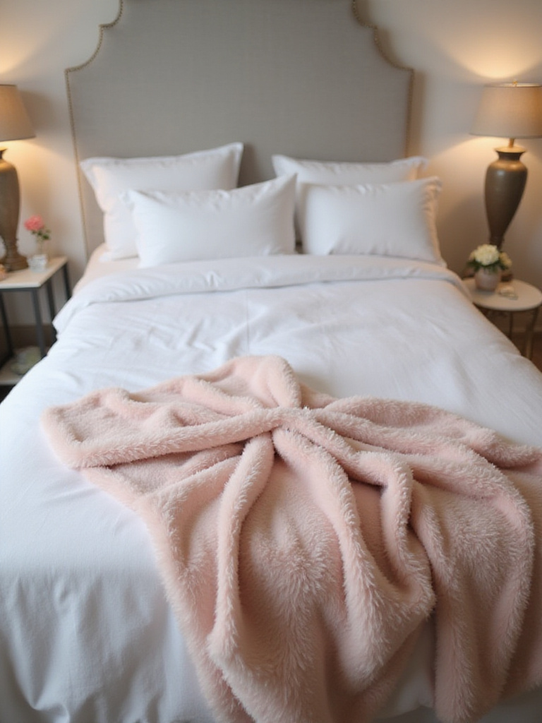 Romantic bedroom with plush blush pink faux fur throw blanket draped across the foot of the bed.