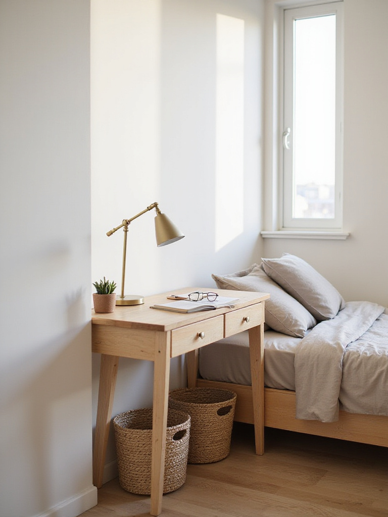 Bedroom featuring a writing desk used as a nightstand for space-saving and multifunctional design.