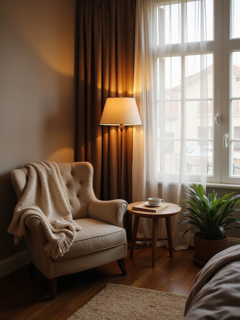 Cozy bedroom corner with armchair, side table, and warm lighting