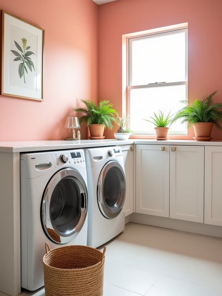Bright laundry room with coral walls and white cabinets
