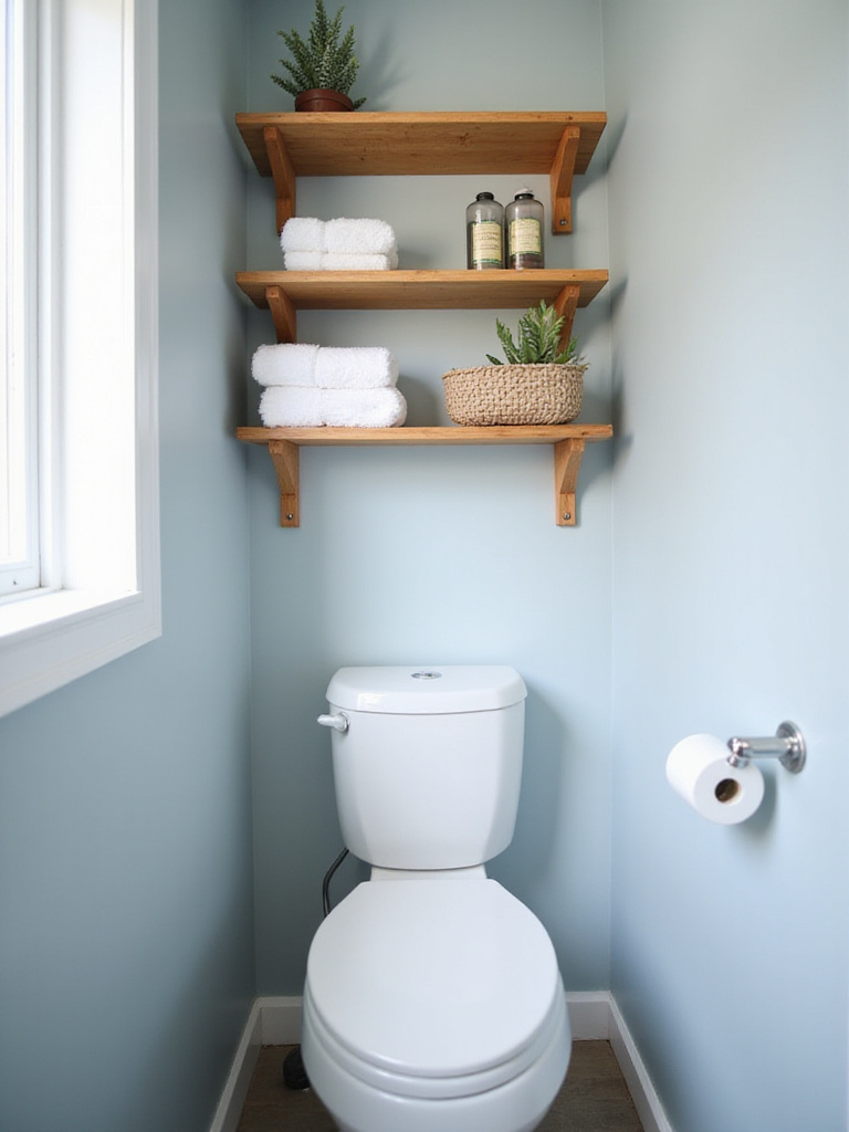 Small bathroom with bamboo shelving unit above the toilet for organized storage.