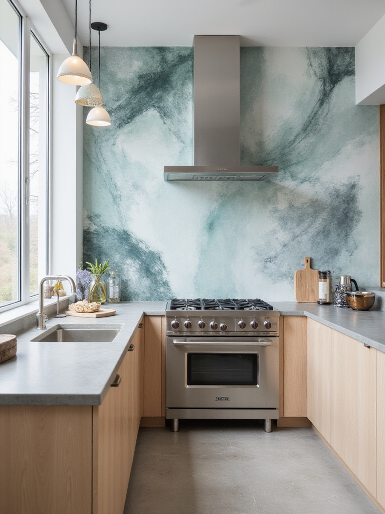 Modern kitchen with teal, gray, and white abstract wallpaper accent wall