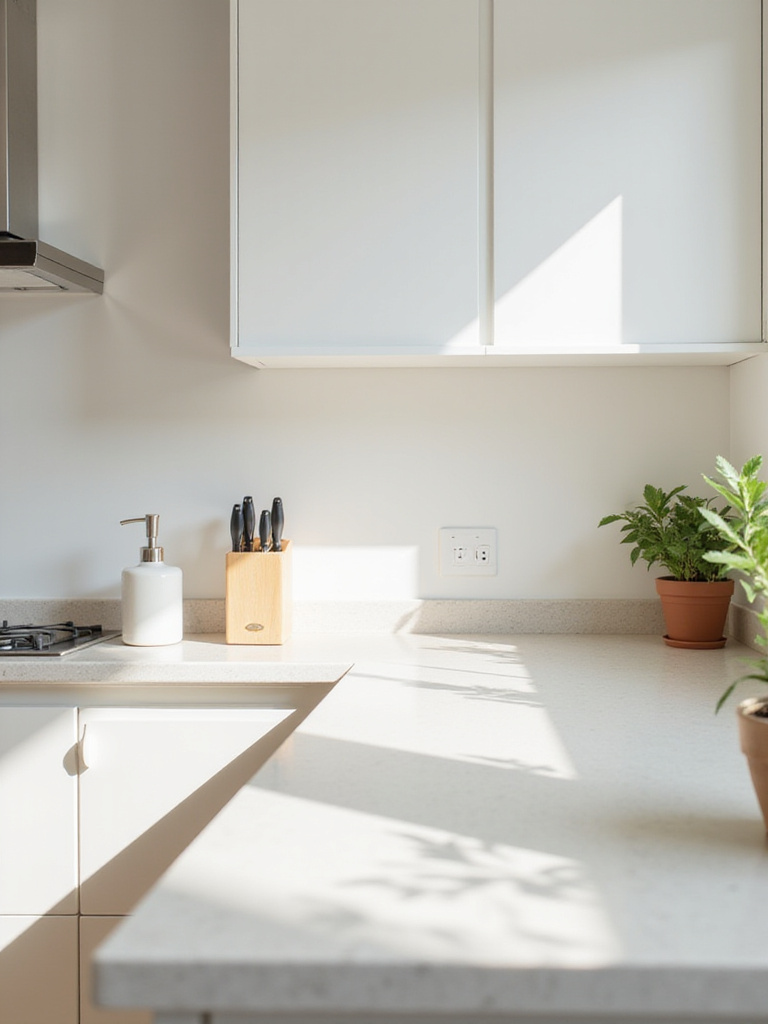 Clean and organized apartment kitchen countertop with minimal decor, showcasing a bright and spacious feel