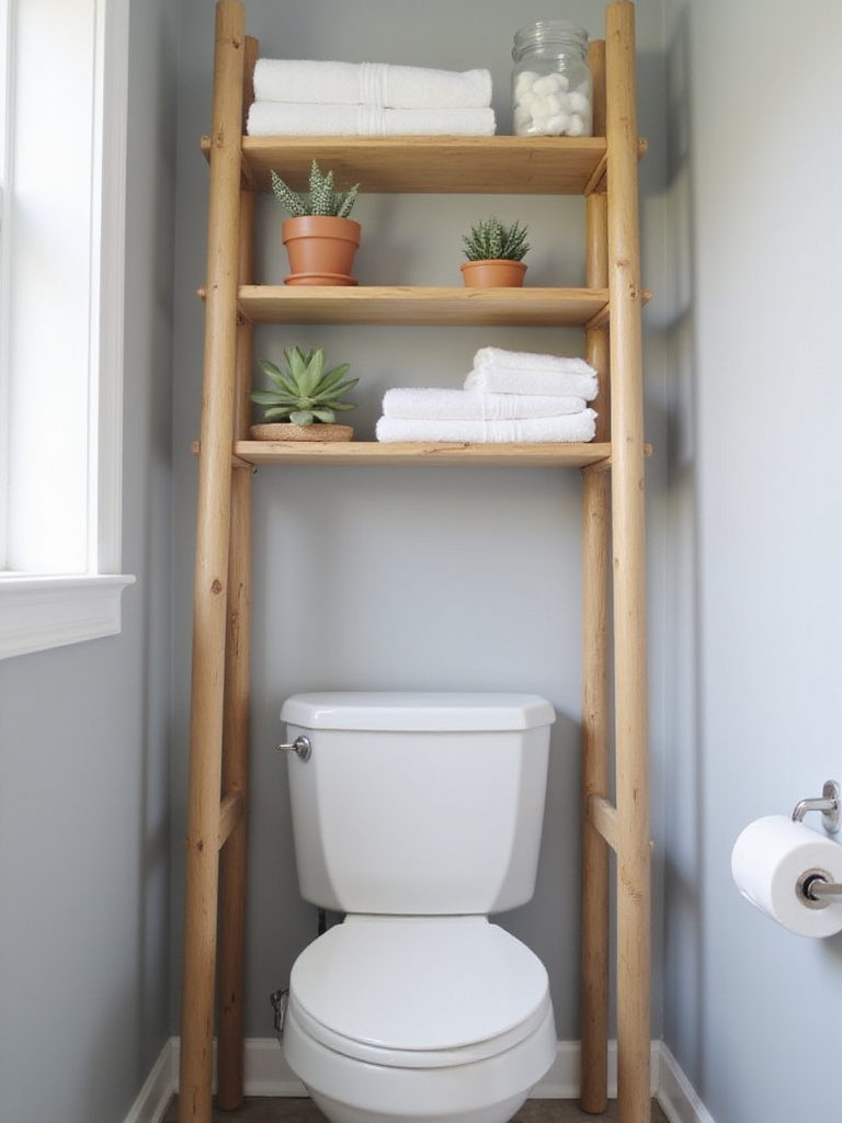 Over-the-toilet bamboo shelving unit in a small, modern bathroom providing extra storage space.