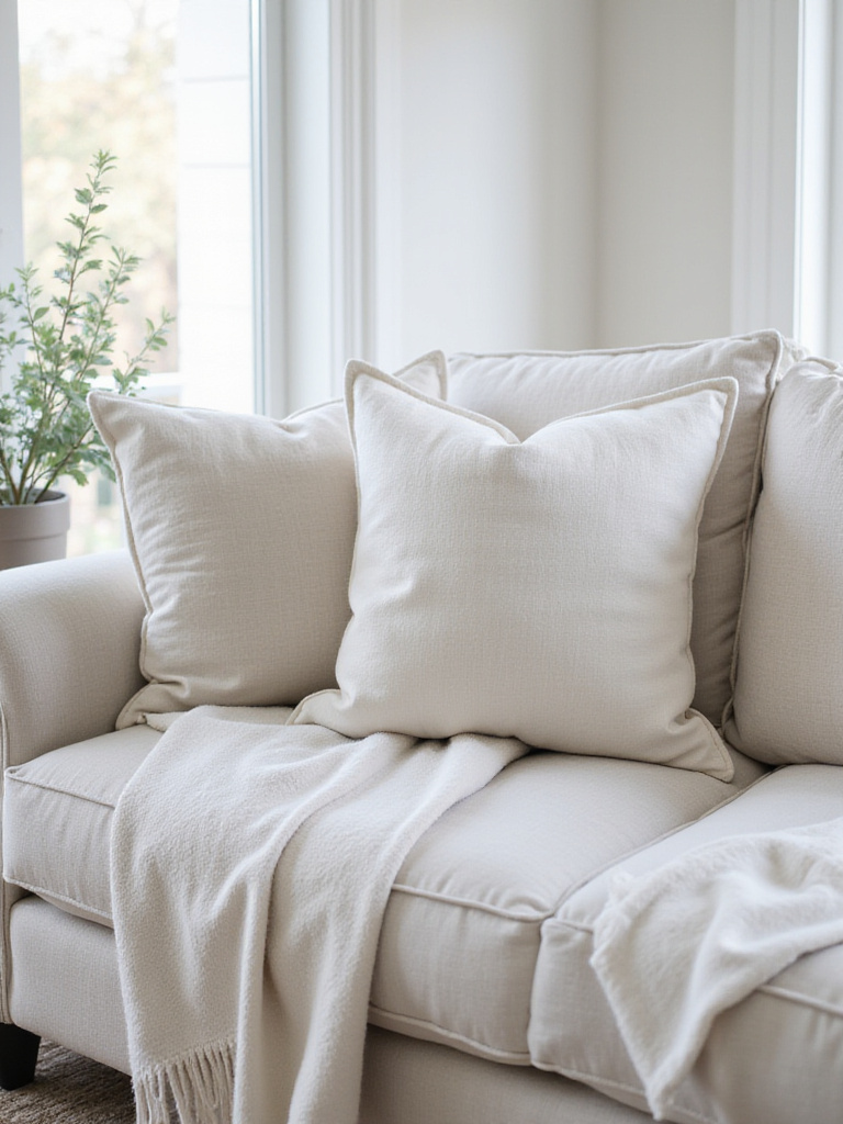 Serene living room with neutral sofa, textured throw pillows, and cozy blanket.