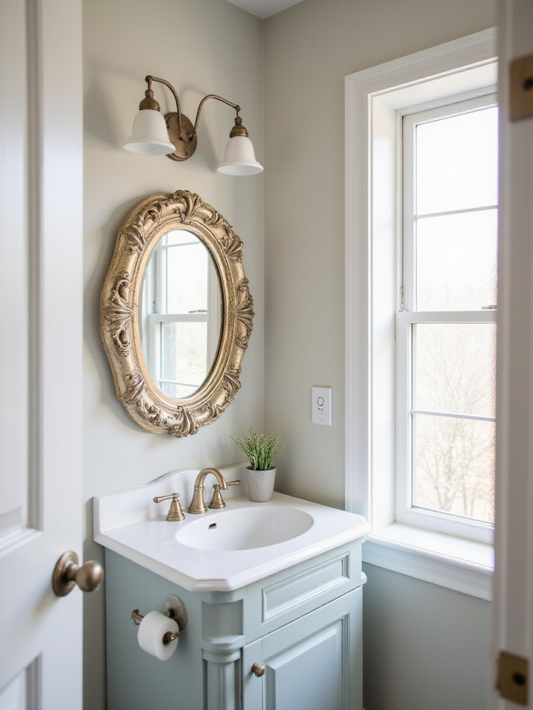 Small bathroom with decorative gold framed mirror above vanity