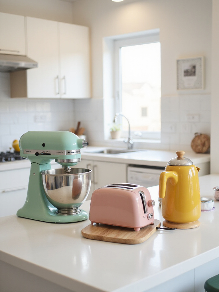 Colorful small appliances like a sage green stand mixer, a dusty rose toaster, and a yellow kettle displayed on a modern kitchen counter in an apartment, adding pops of trendy color to the decor.