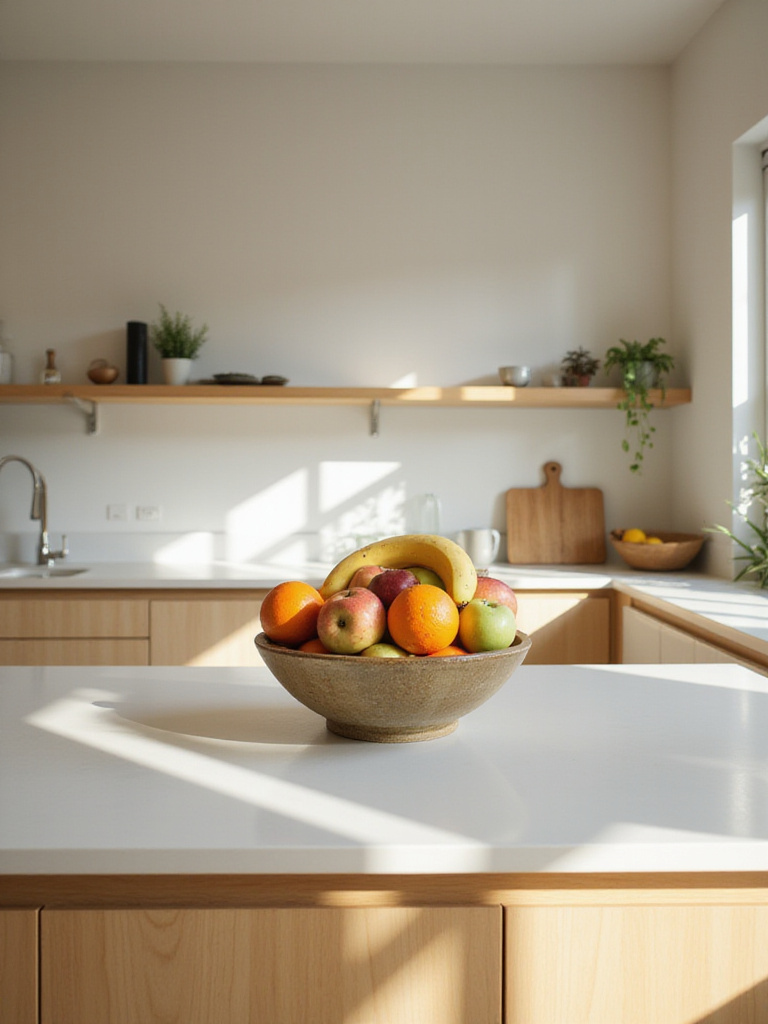 Stylish fruit bowl centerpiece on a bright apartment kitchen counter filled with colorful fresh fruits.