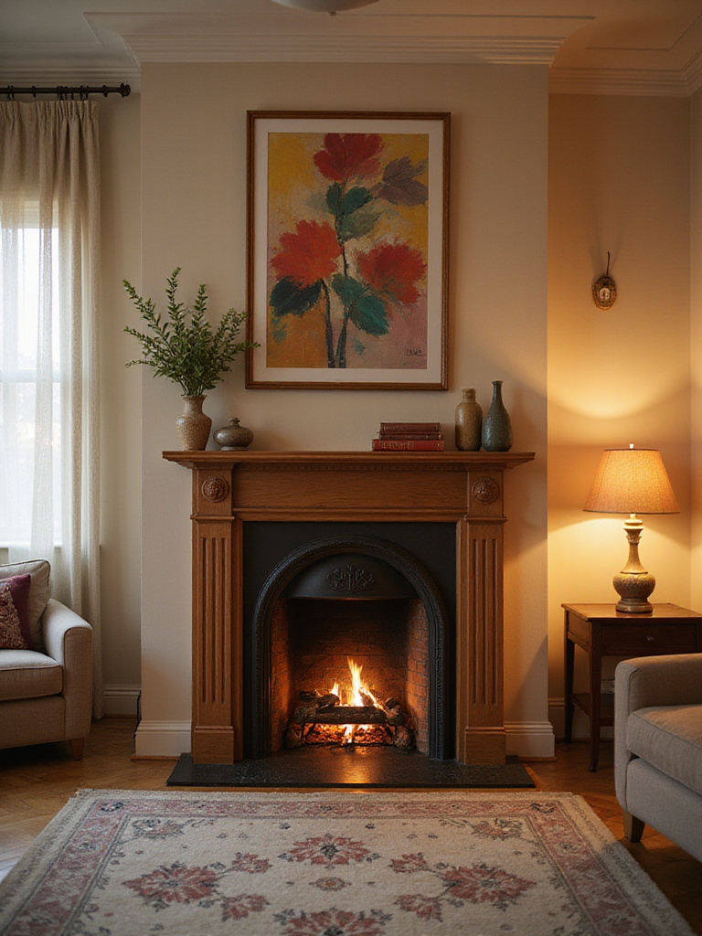 Large abstract painting hung above a styled wooden fireplace mantle in a cozy living room.