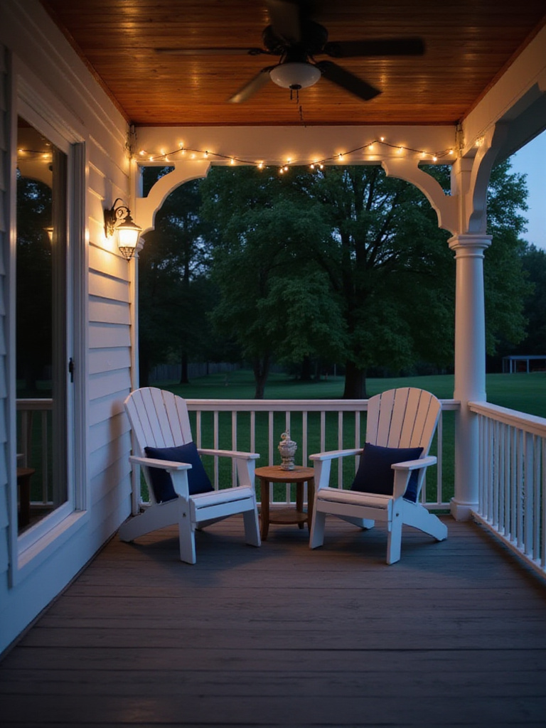 White Adirondack chairs with blue cushions on a cozy front porch