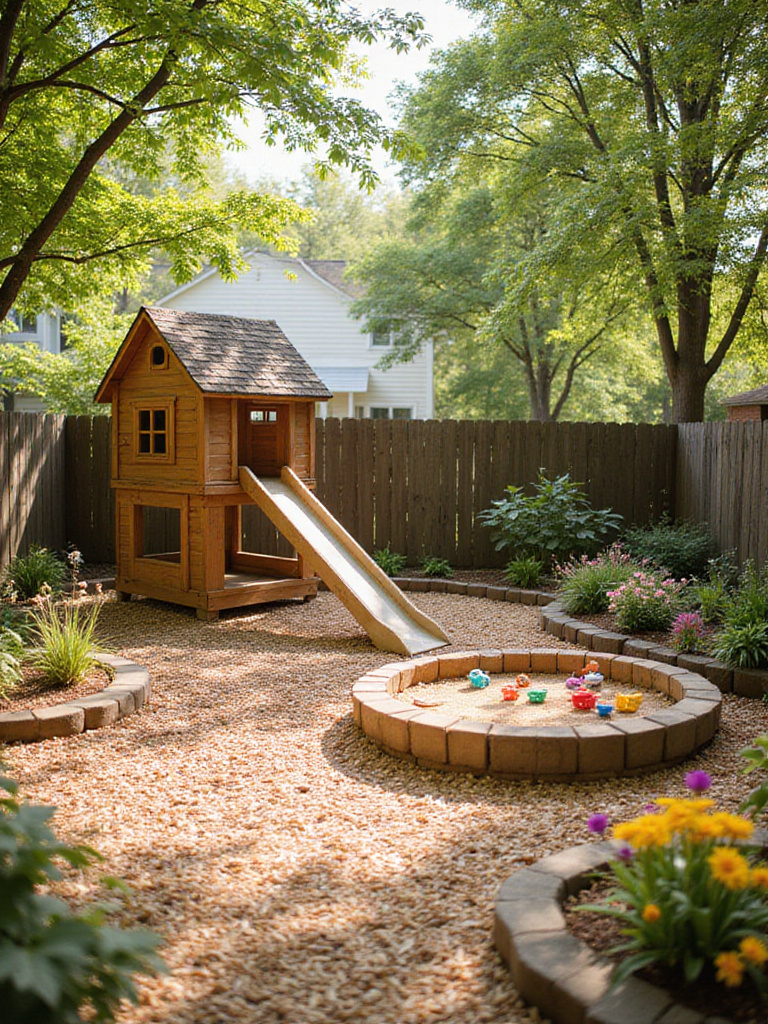 Fun-filled children's play area with wooden climbing structure, sandbox, and garden.