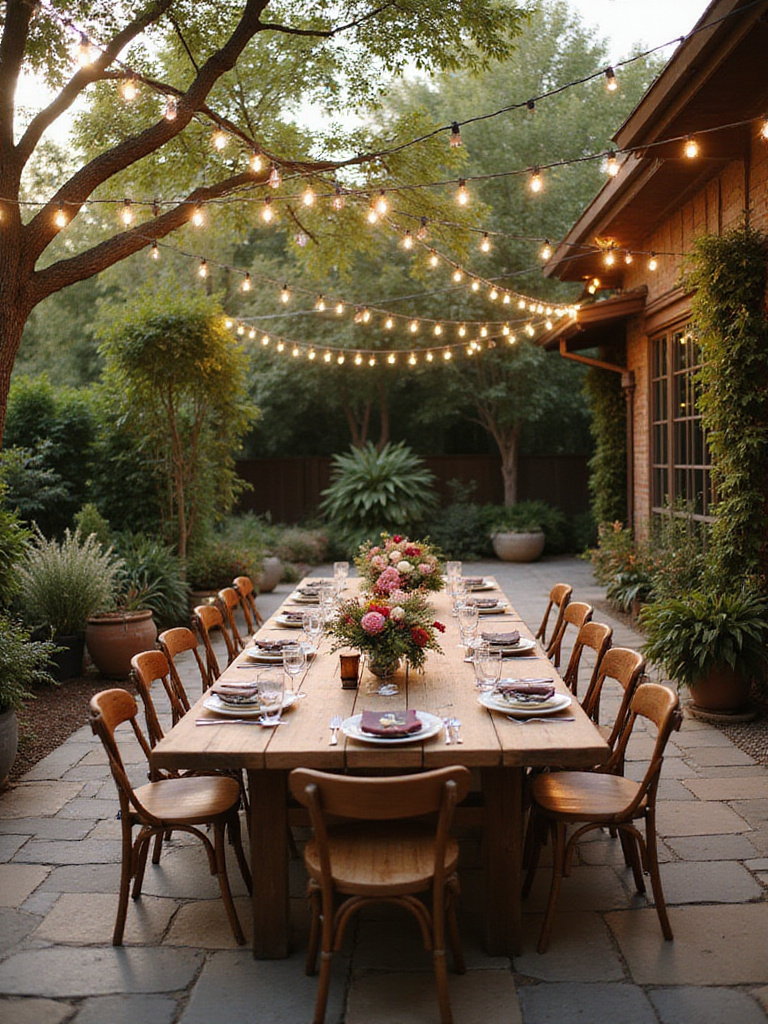 Inviting outdoor dining area with wooden table, string lights, and lush greenery.