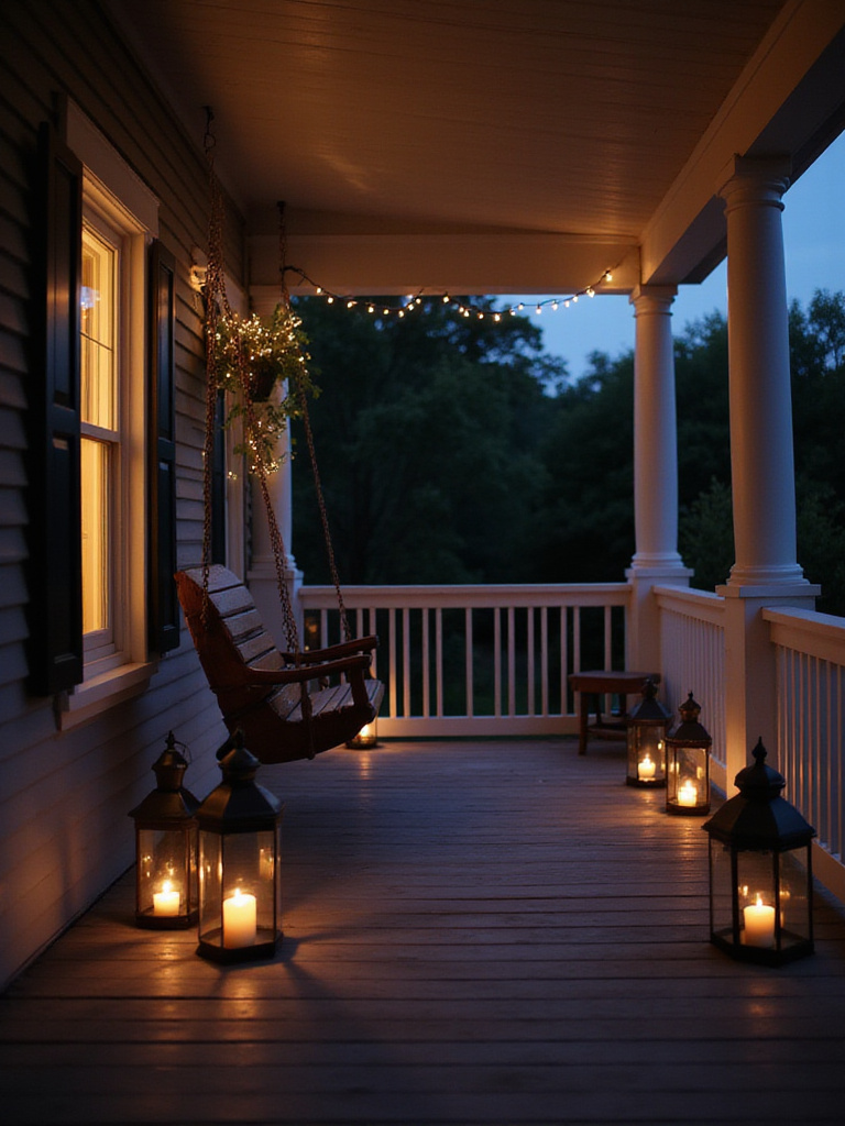 Porch with lanterns and candles creating a cozy atmosphere