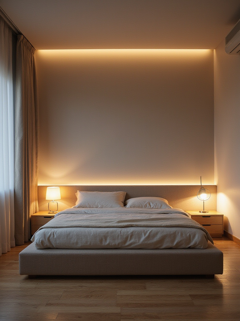 Modern bedroom with layered ambient lighting featuring recessed lights, bedside lamp, and LED headboard lighting.
