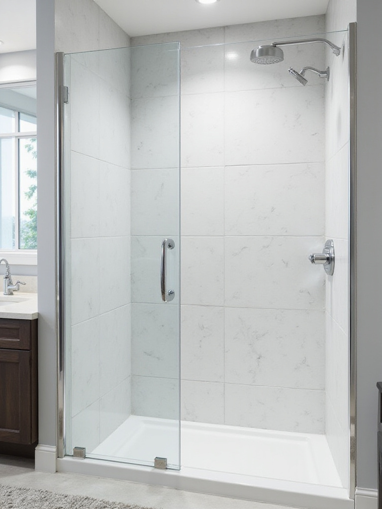 Modern bathroom featuring a frameless neo-angle shower enclosure.