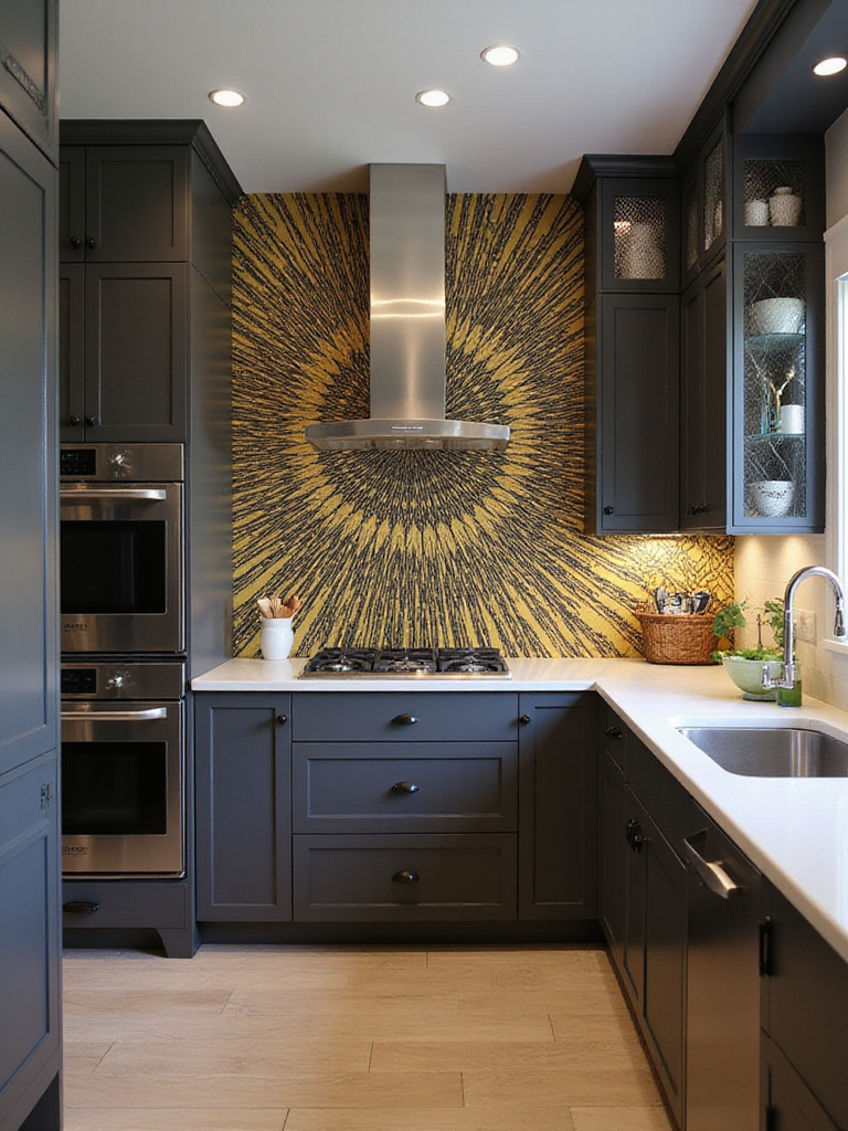 Art Deco wallpaper accent wall in a modern kitchen.