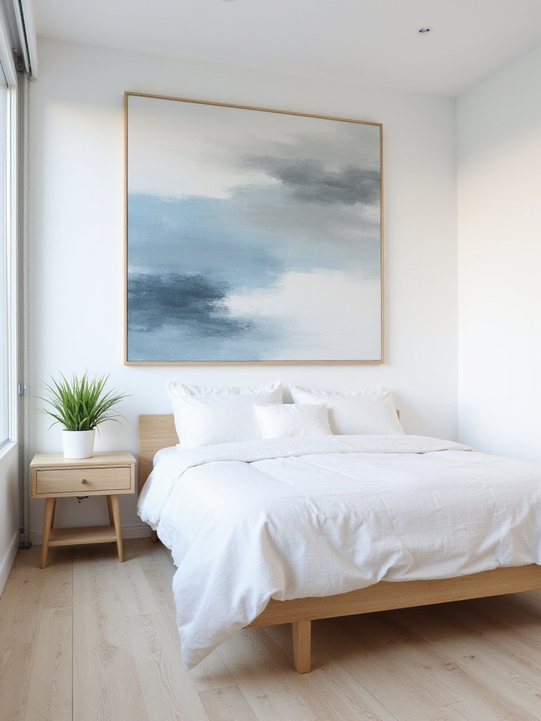 Modern bedroom with abstract painting above the bed