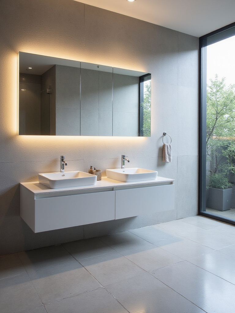 Contemporary bathroom with backlit mirror providing soft, functional lighting.