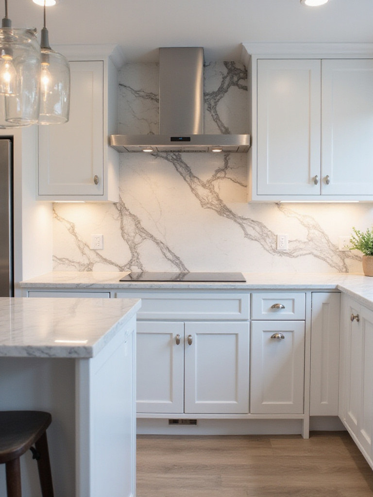 Modern kitchen with a dramatic marble slab backsplash