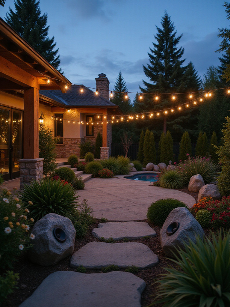 Backyard with outdoor rock speakers integrated into landscaping, creating a relaxing atmosphere.