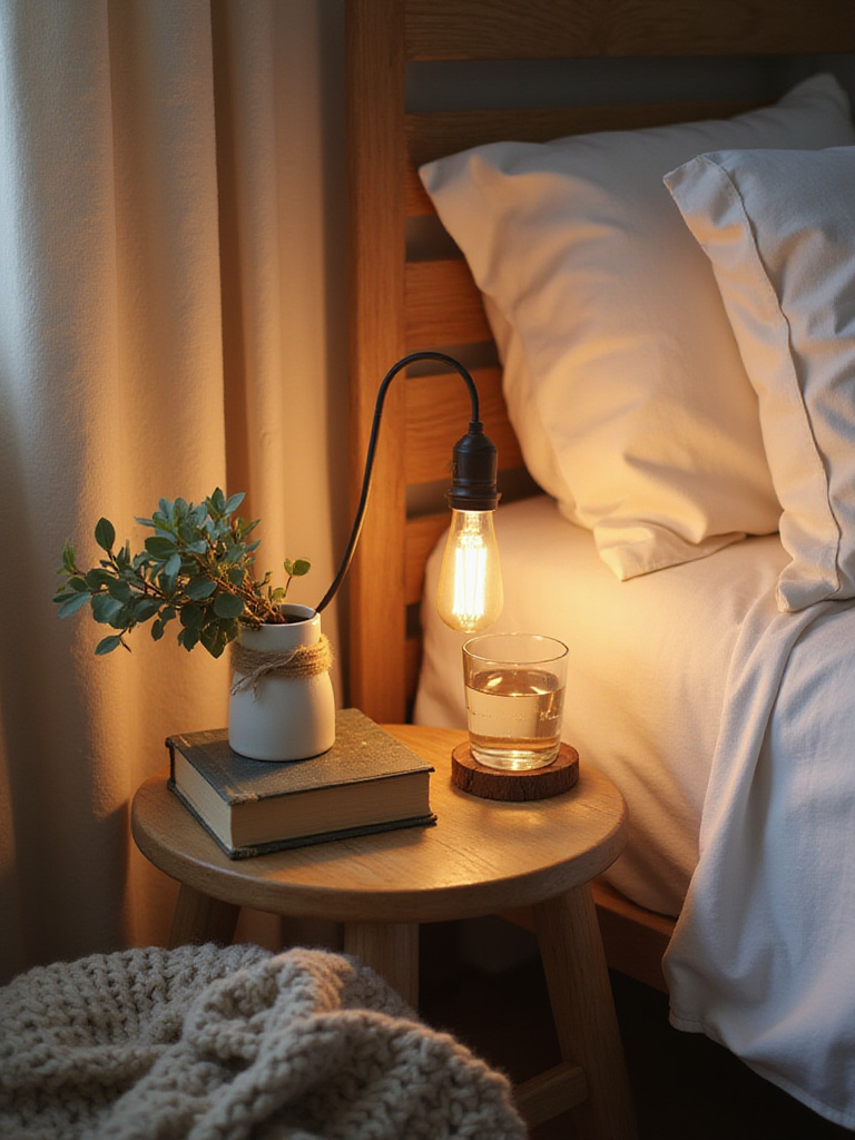 Cozy bedroom nightstand with lamp, books, eucalyptus, and water glass.