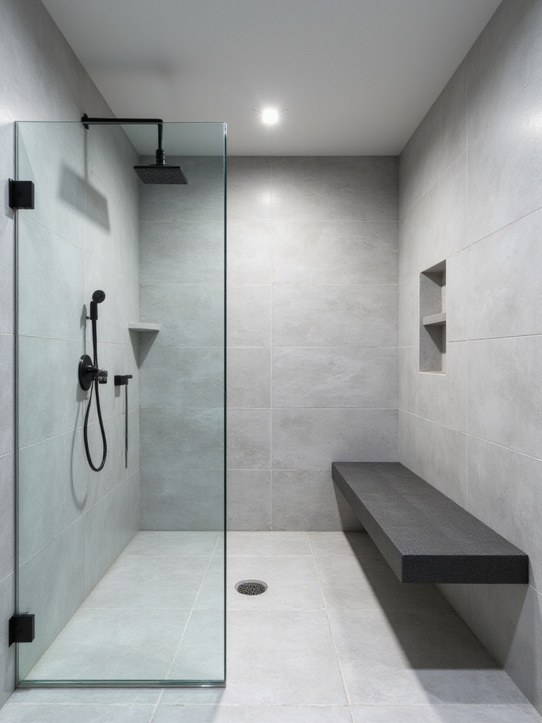Modern shower with built-in dark grey solid surface bench.