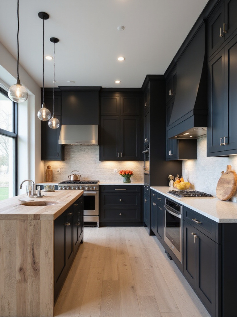 Timeless black shaker kitchen cabinets with light quartz countertops and a natural wood island.