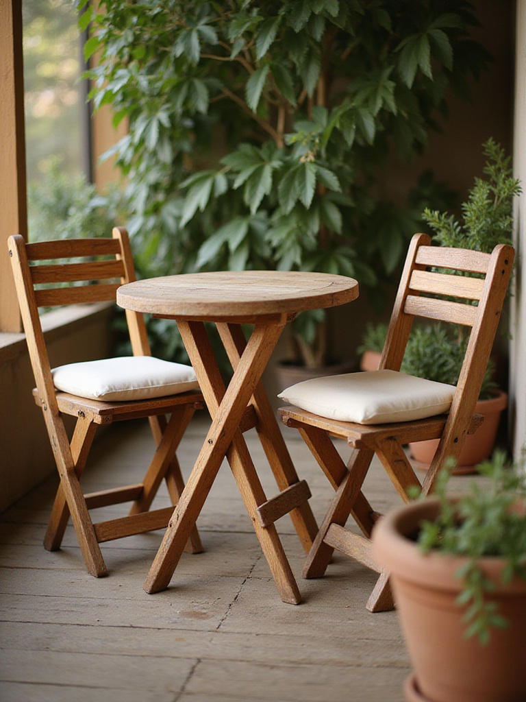 Charming teak bistro set on a cozy porch with green plants.