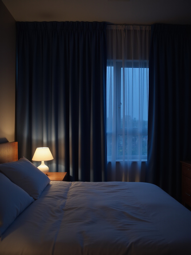Modern bedroom with dark blue blackout curtains ensuring a dark and restful sleep environment.
