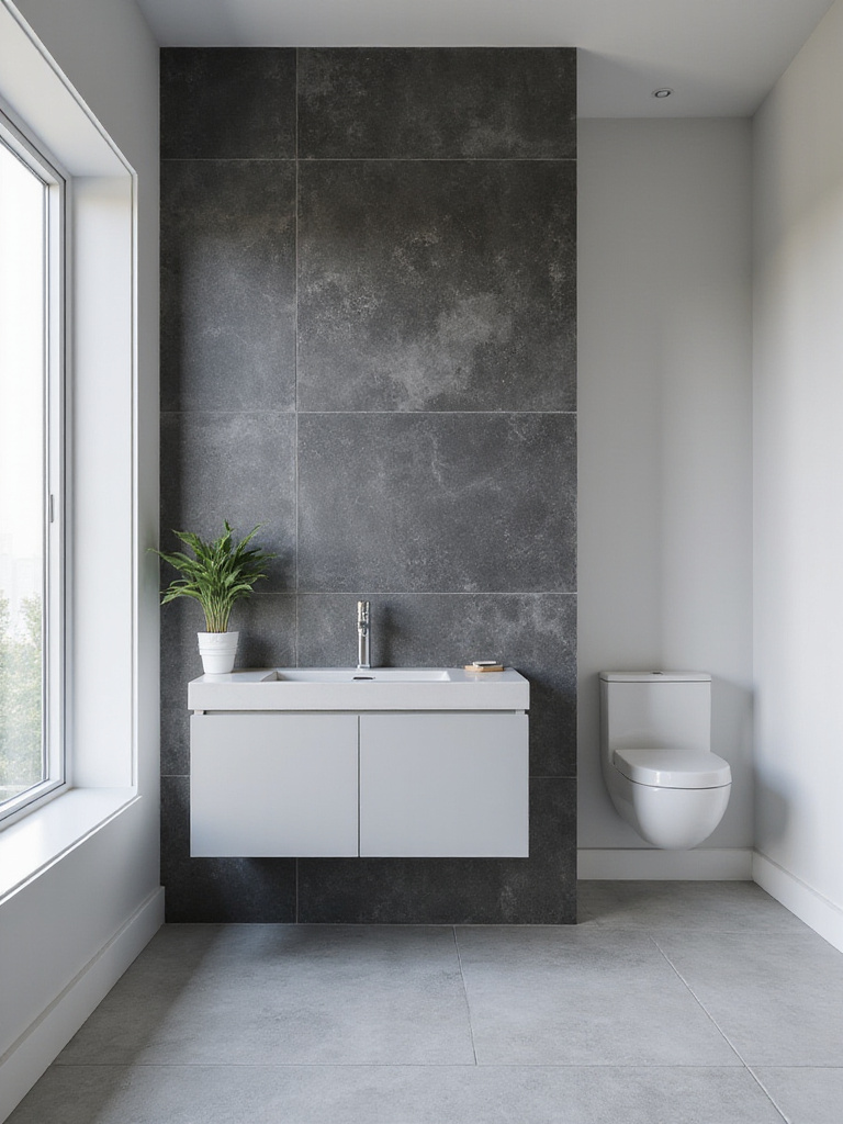 Contemporary bathroom with dark grey textured tile accent wall behind a floating vanity.