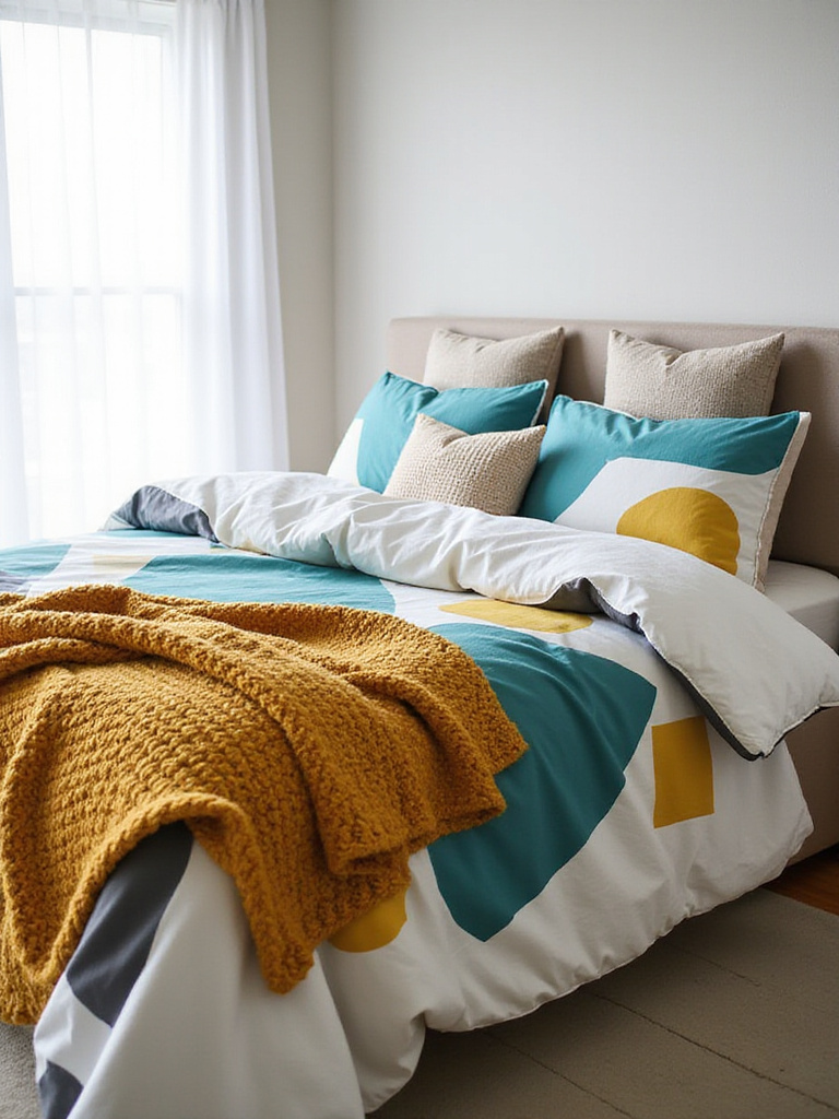 Modern bedroom with bold geometric duvet cover and mustard yellow throw.