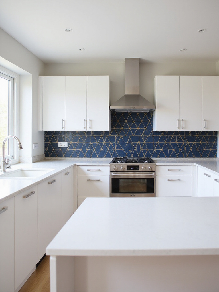 Modern kitchen with bold geometric wallpaper accent wall in navy and gold.