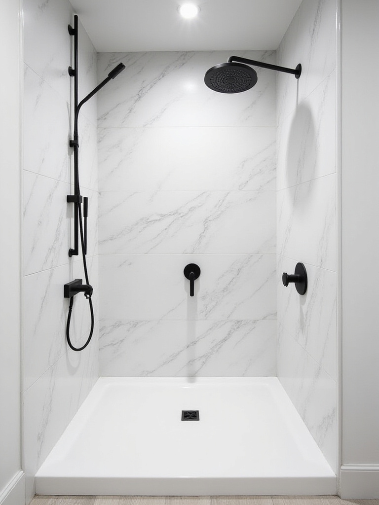 Modern bathroom shower with matte black fixtures and white tile
