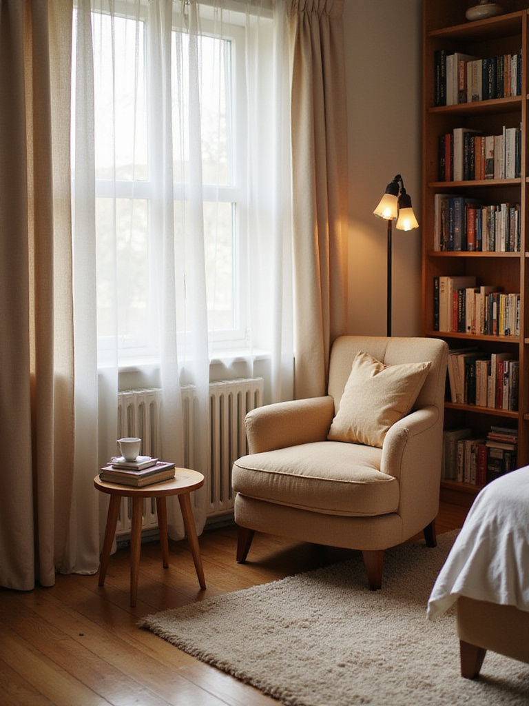 Cozy bedroom reading nook with armchair, lamp, and books.