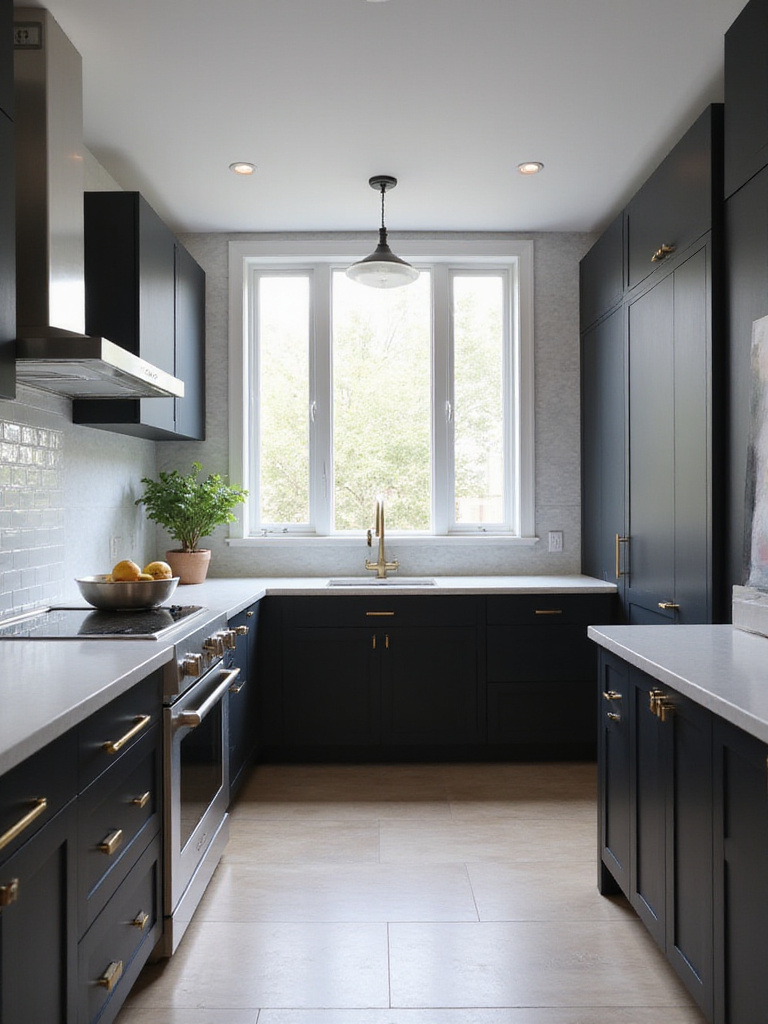 Modern kitchen with black cabinets, white countertops, and brass hardware