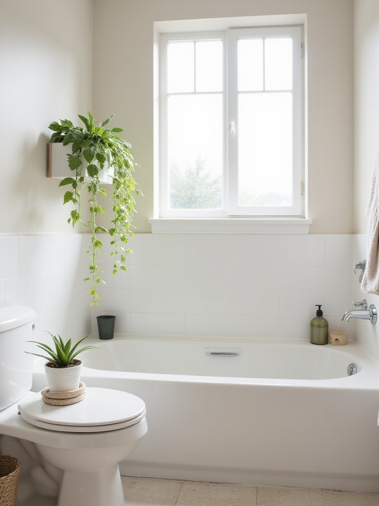 Small bathroom with snake plant and pothos for a natural touch.