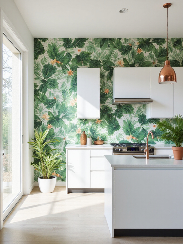 Modern kitchen with vibrant botanical wallpaper featuring tropical leaves.