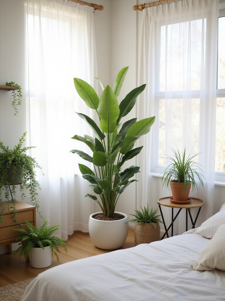 Bedroom with plants, snake plant, pothos, ZZ plant, natural light