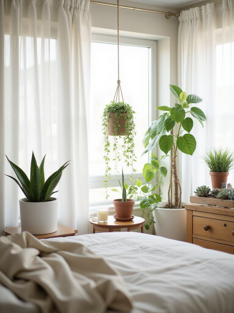 Cozy bedroom with various indoor plants adding a natural and calming touch.