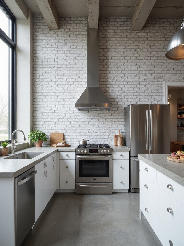 Modern kitchen with light grey brick effect wallpaper and stainless steel appliances