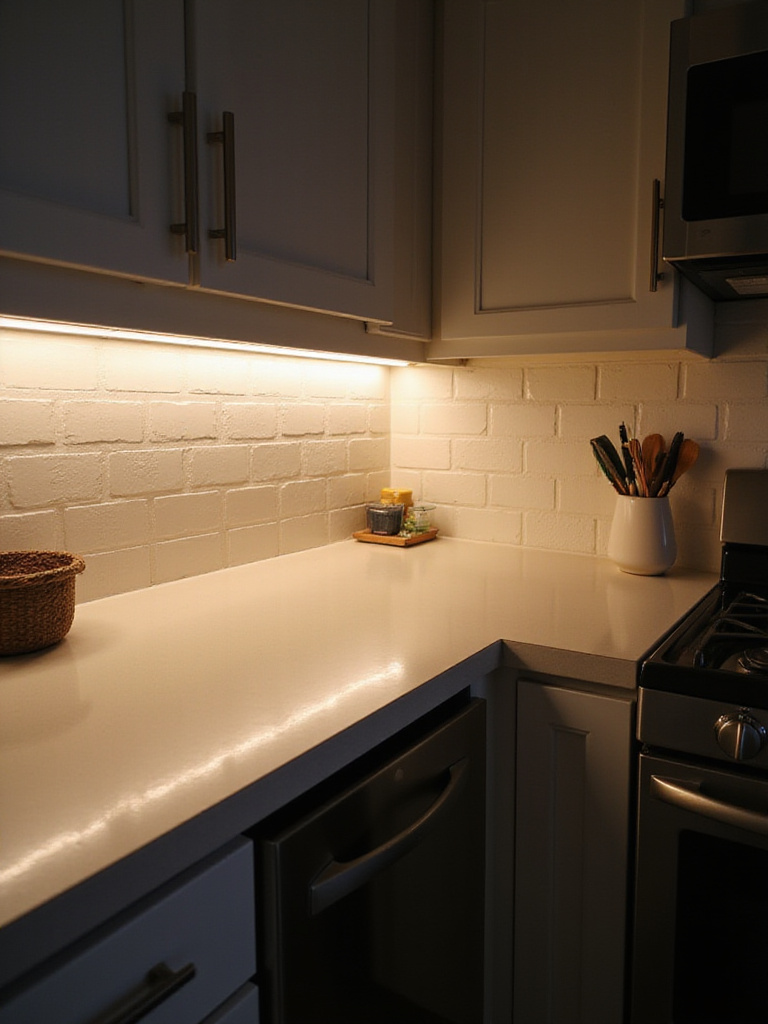 Warm under-cabinet LED lighting illuminates a clean quartz countertop and subway tile backsplash in a modern apartment kitchen, brightening the workspace.