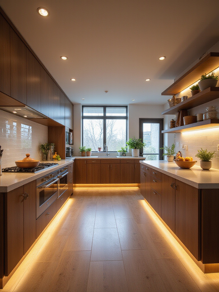 Modern kitchen with layered ambient, task, and accent lighting for a bright and inviting space.