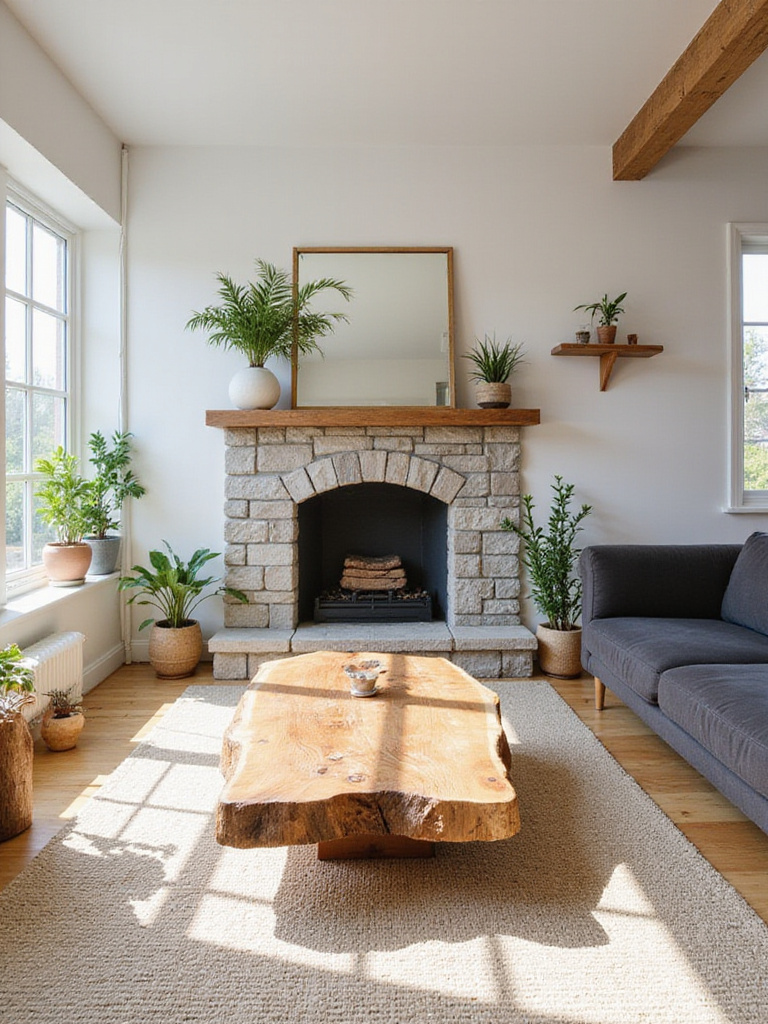 Serene living room with natural wood coffee table, stone fireplace, and bright natural light.