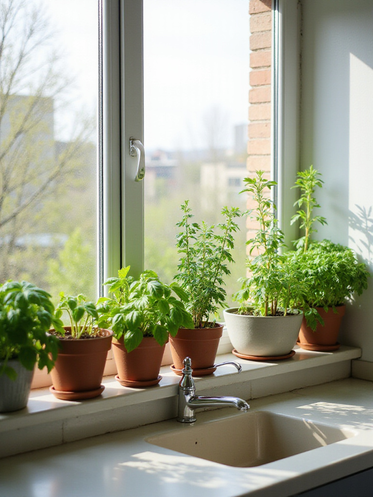 A charming windowsill herb garden in an apartment kitchen featuring potted basil, rosemary, thyme, and parsley in terracotta and white pots, bathed in natural sunlight.