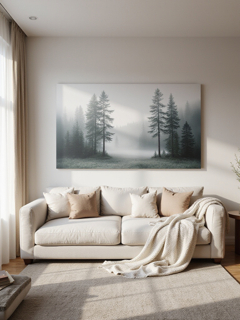 Contemporary living room featuring a large, horizontal painting of a misty forest hanging above a neutral-colored sofa, bringing the outdoors indoors.
