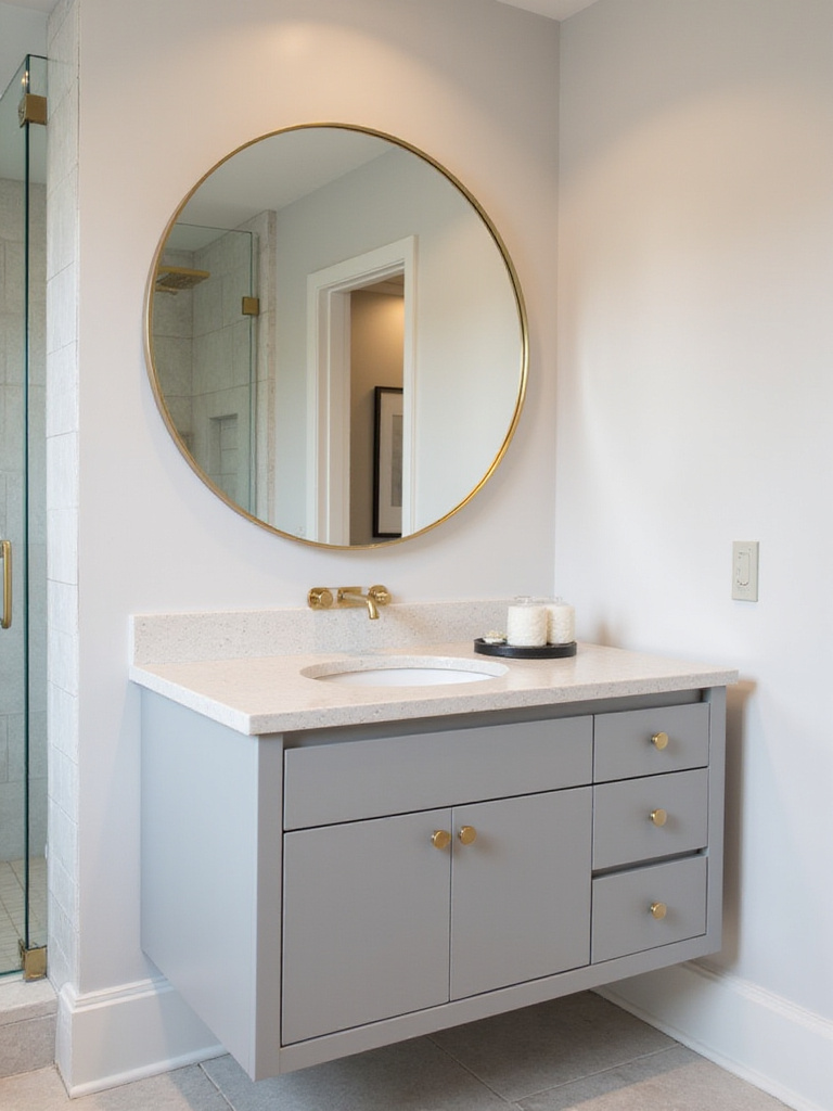 Contemporary bathroom with brushed gold mirror and faucet accents