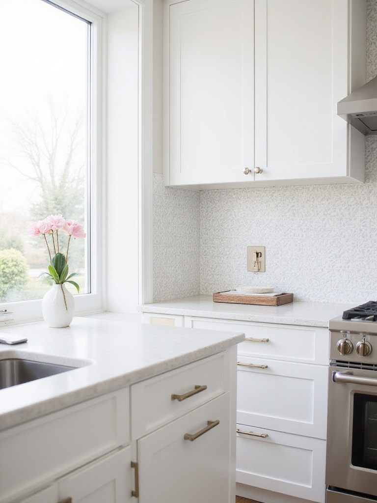 Modern kitchen with geometric peel and stick backsplash.