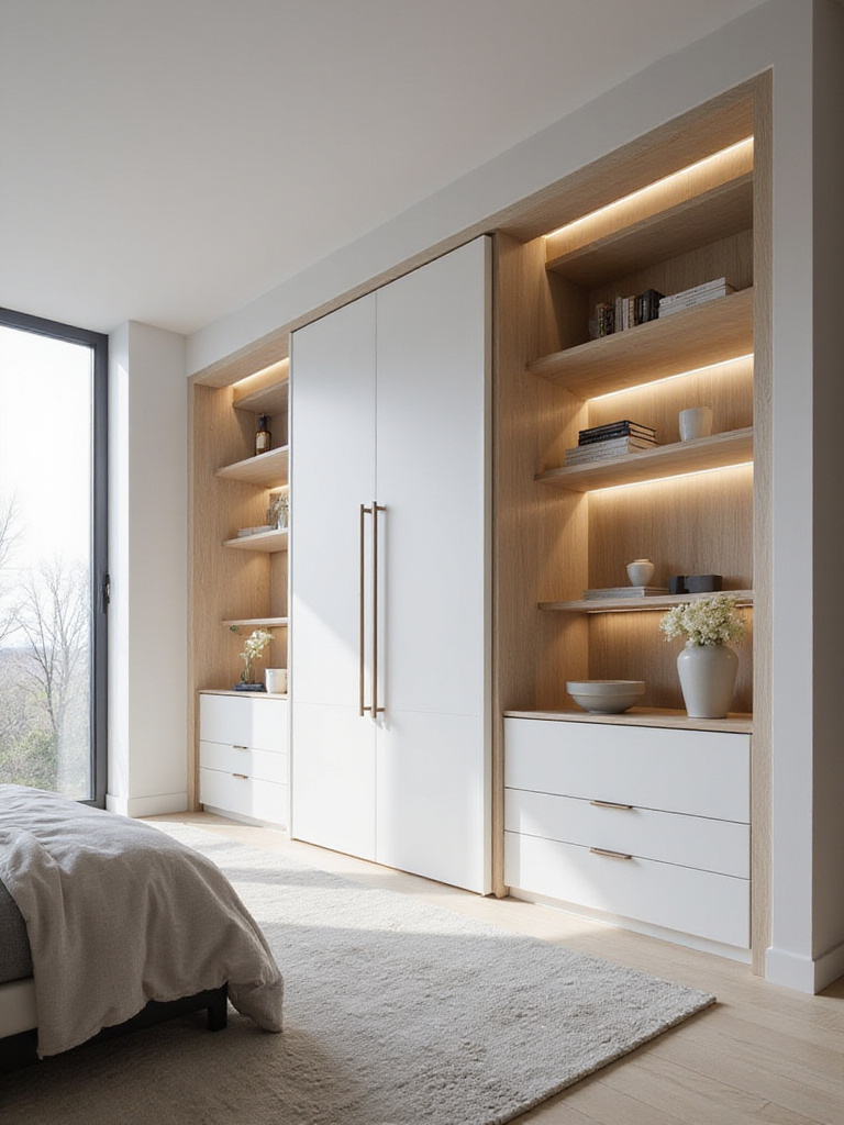 Modern bedroom with wall-to-wall built-in storage solution.