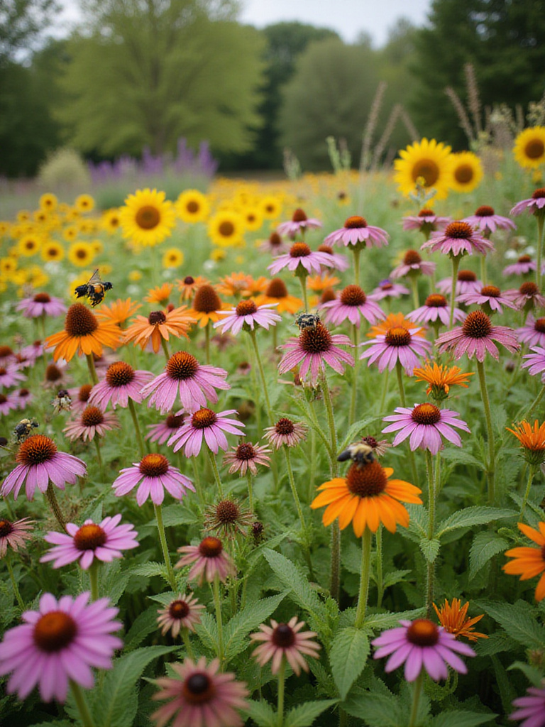 Pollinator garden with diverse native flowers attracting bees and butterflies.